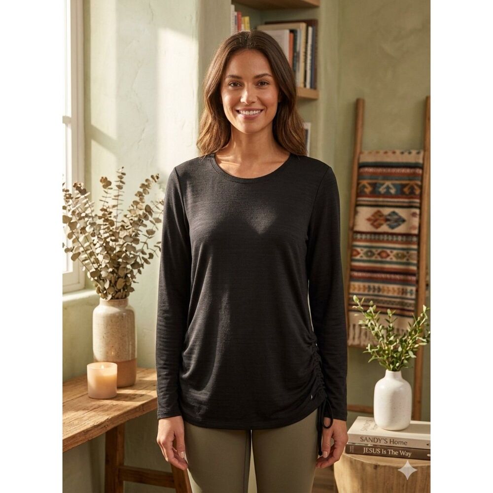 Danskin Now Top Women's L Black Long Sleeve Cinched Side Athleisure Activewear